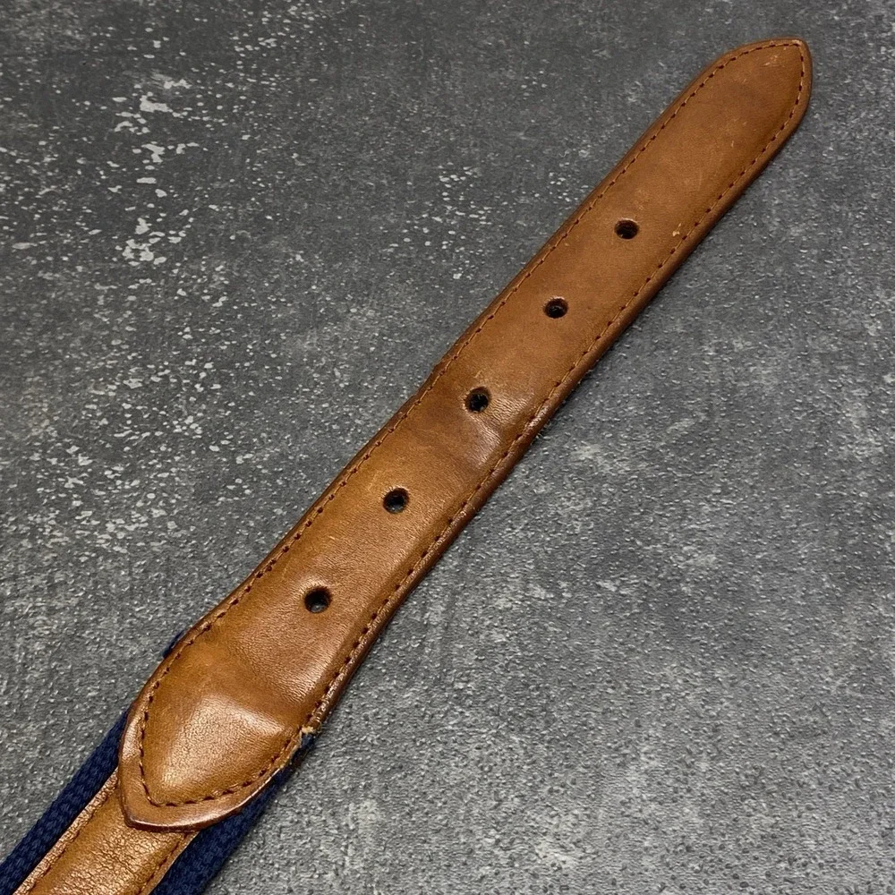 Flying Duck Medallion Golf Belt Men's 38 Waist Tan Leather & Blue Woven Fabric